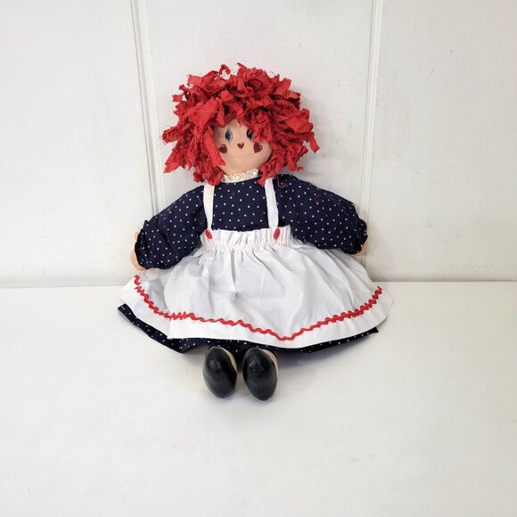 Handmade Other - Handmade Rag Doll With Red Hair Navy Polka Dot Dress White Apron And Painted Sho